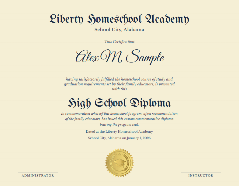 Sample HomeSchool Diploma with gold seal on parchment paper