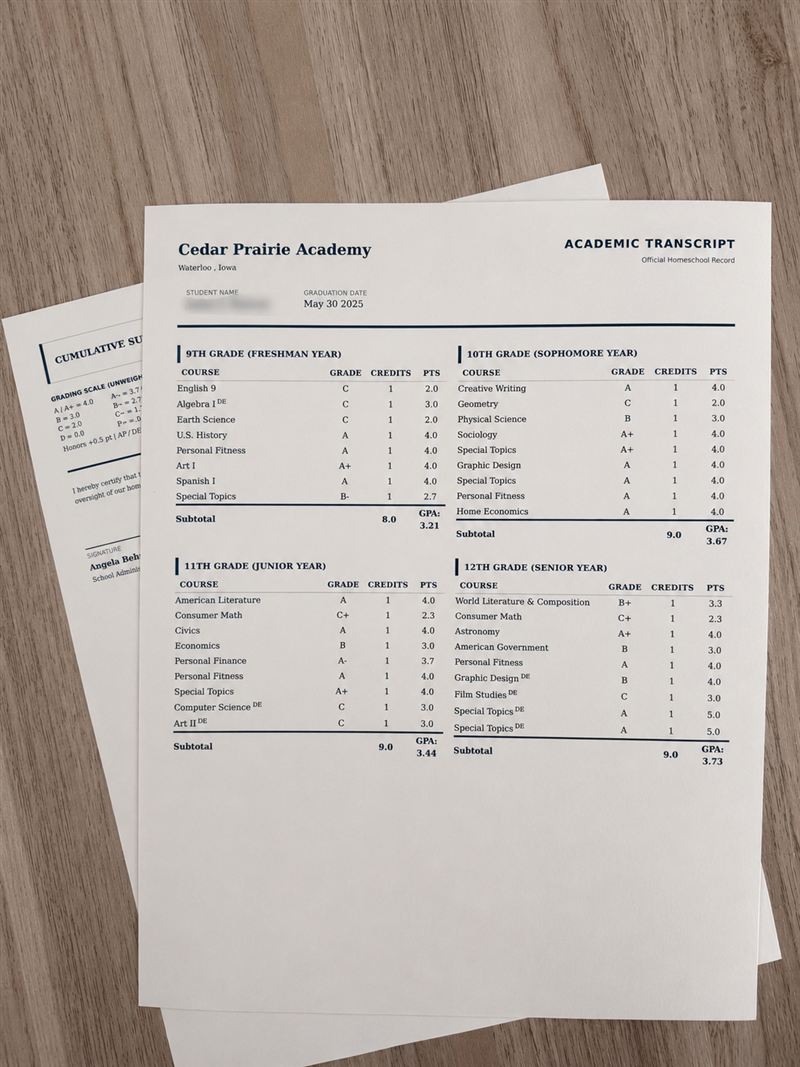 Printed homeschool transcript pages with course lists, grades, and GPA by year